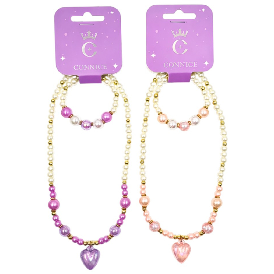 Kids Necklace & Bracelet Set Princess Pearl With Heart Pendant Assorted