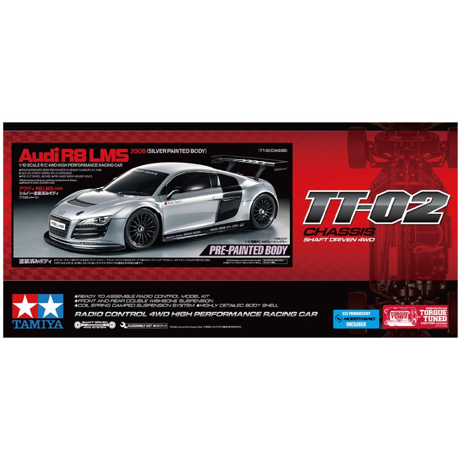 Tamiya Radio Control Kit 1:10 TT-02 Audi R8 LMS 2008 Limited Edition With Silver Painted Body