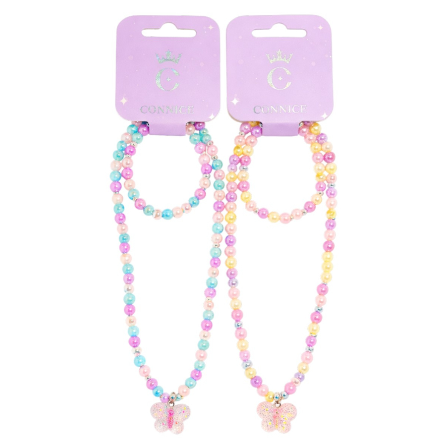 Kids Necklace & Bracelet Set Mixed Colour Beads With Butterfly Charm Assorted