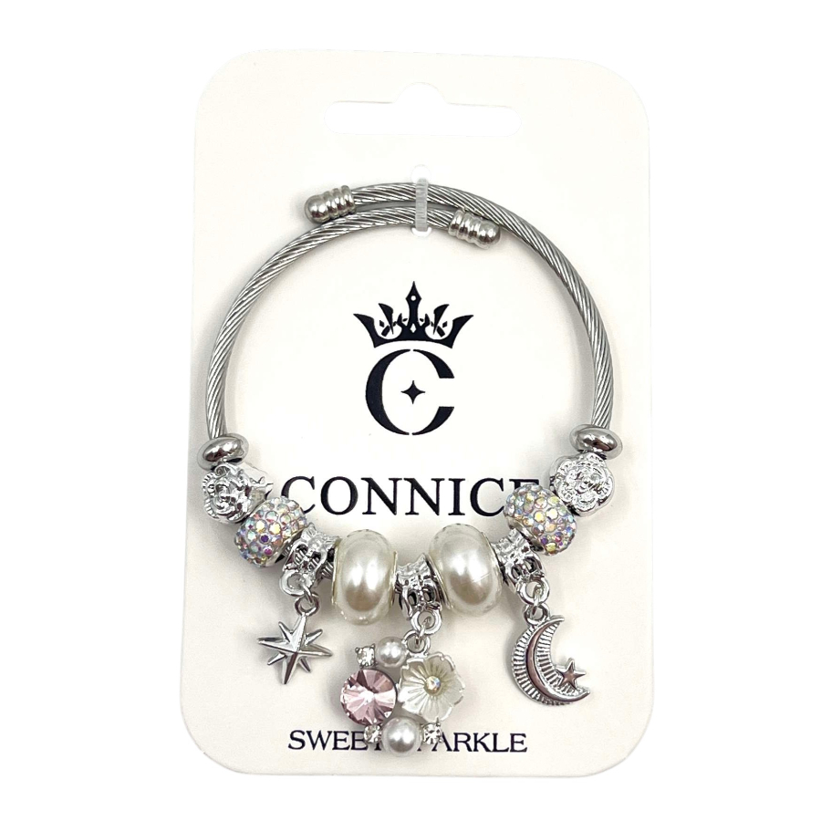 Twisted Wire Bangle With Moon Star Pearl Charms