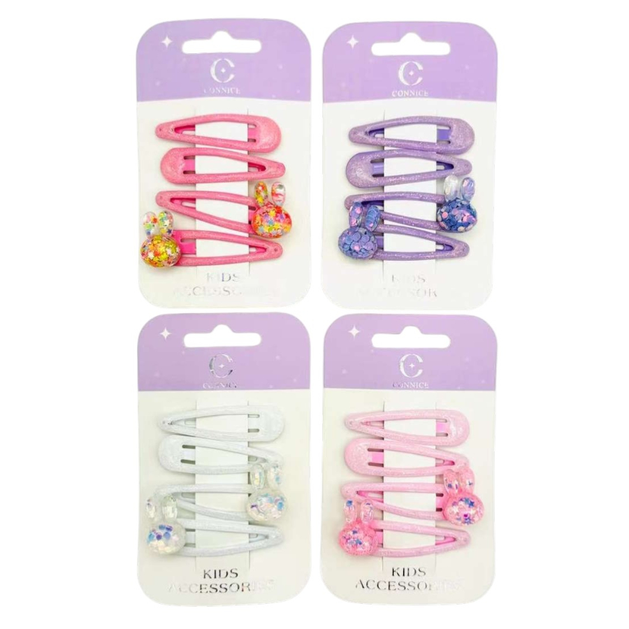 Kids Hair Clips Glitter Rabbit 4 Pack Assorted