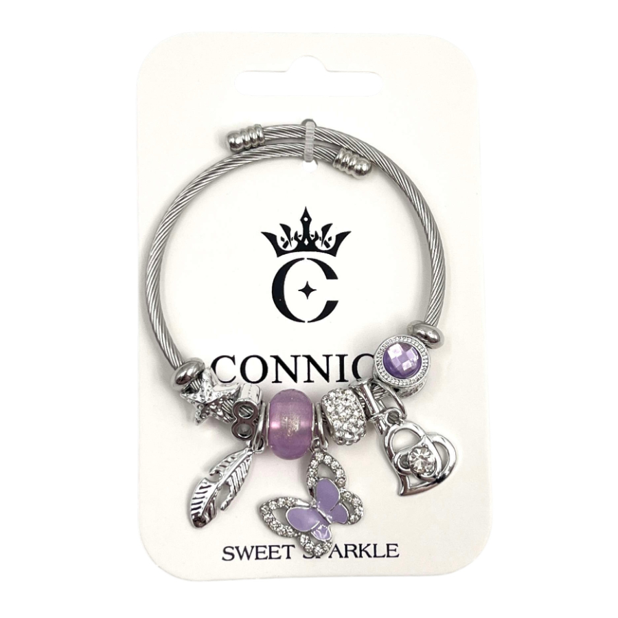 Twisted Wire Bangle With Purple Butterfly Feather Bead Charms