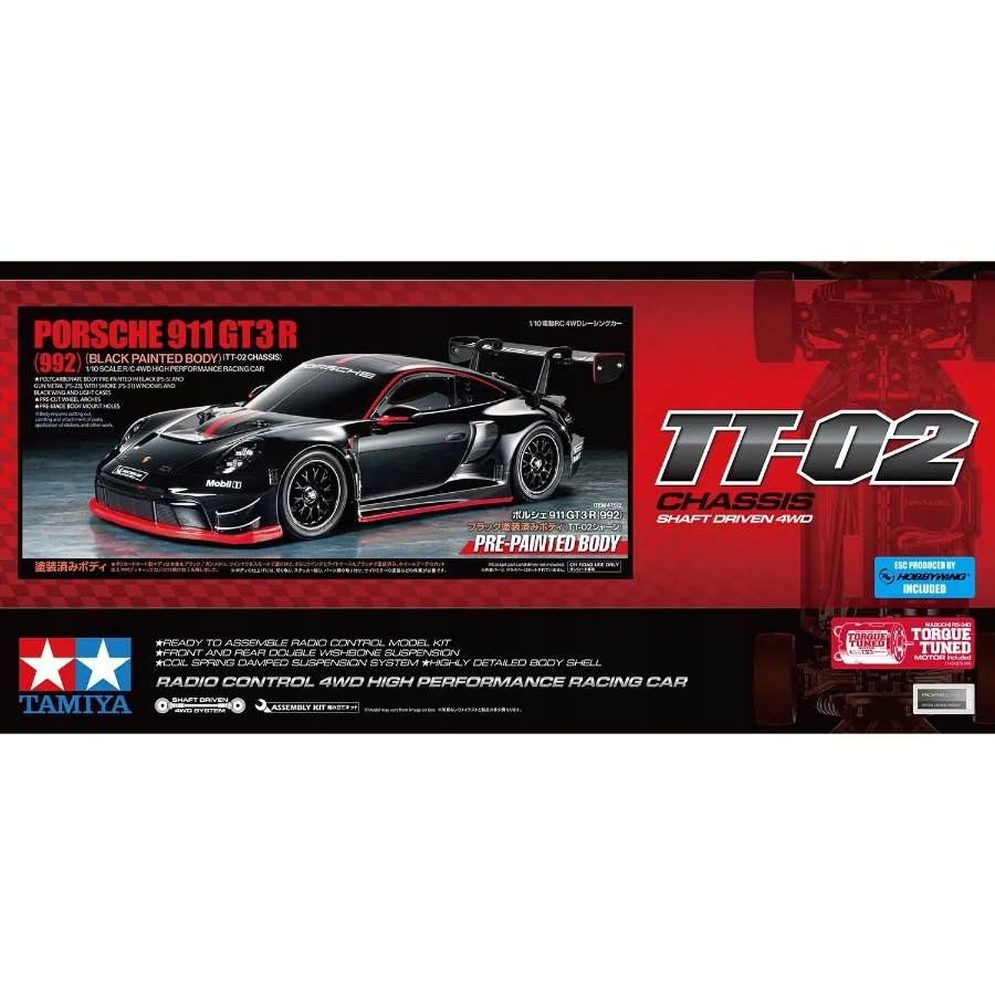 Tamiya Radio Control 1:10 Porsche 911 GT3 R 992 TT-02 Limited Edition Black Painted Body