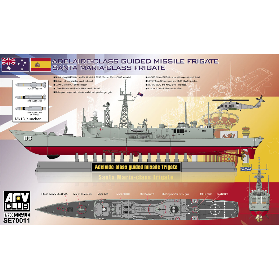 AFV Club Model Kit 1:700 Adelaide Santa Maria Class Guided Missile Frigate Australian Decals