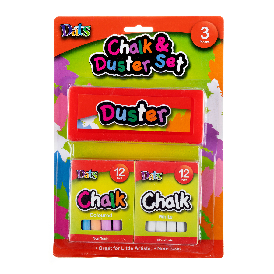 Dats Stationery Chalk & Duster Set White 12 Pack Coloured 12 Pack & Duster