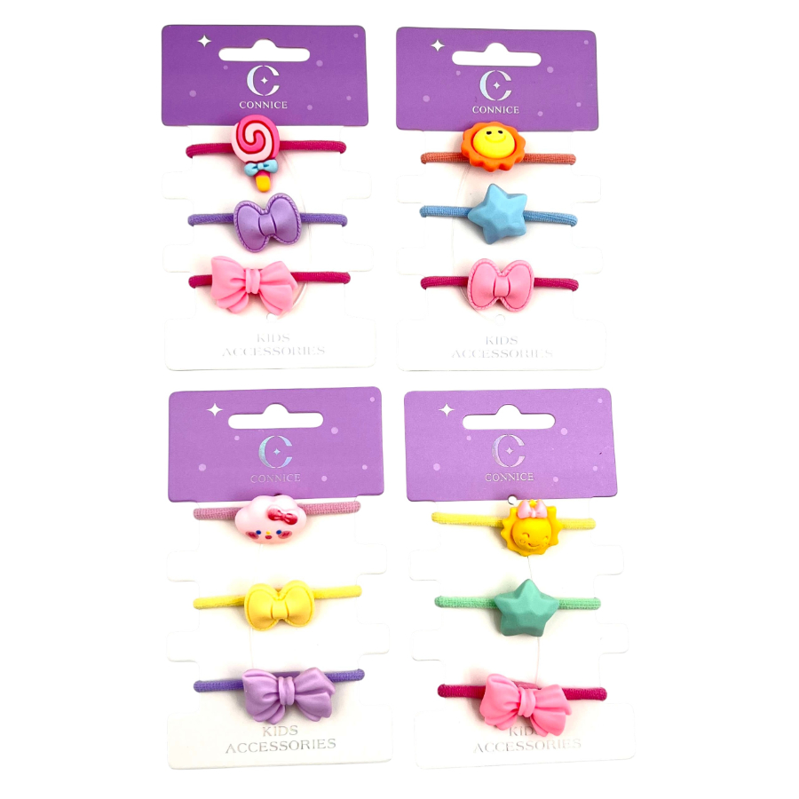 Kids Hair Ties Cloud Sun Bow Lollipop Cartoon 3 Pack Assorted