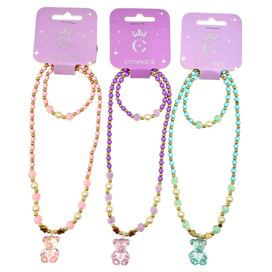 Kids Necklace & Bracelet Set Pearl Gummy Bear With Holographic Charm Assorted