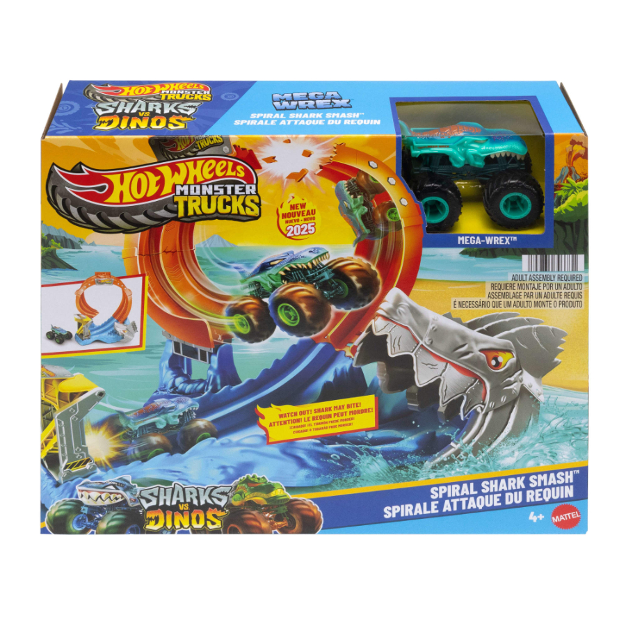 Hot Wheels Monster Trucks Corkscrew Shark Smash Track Set