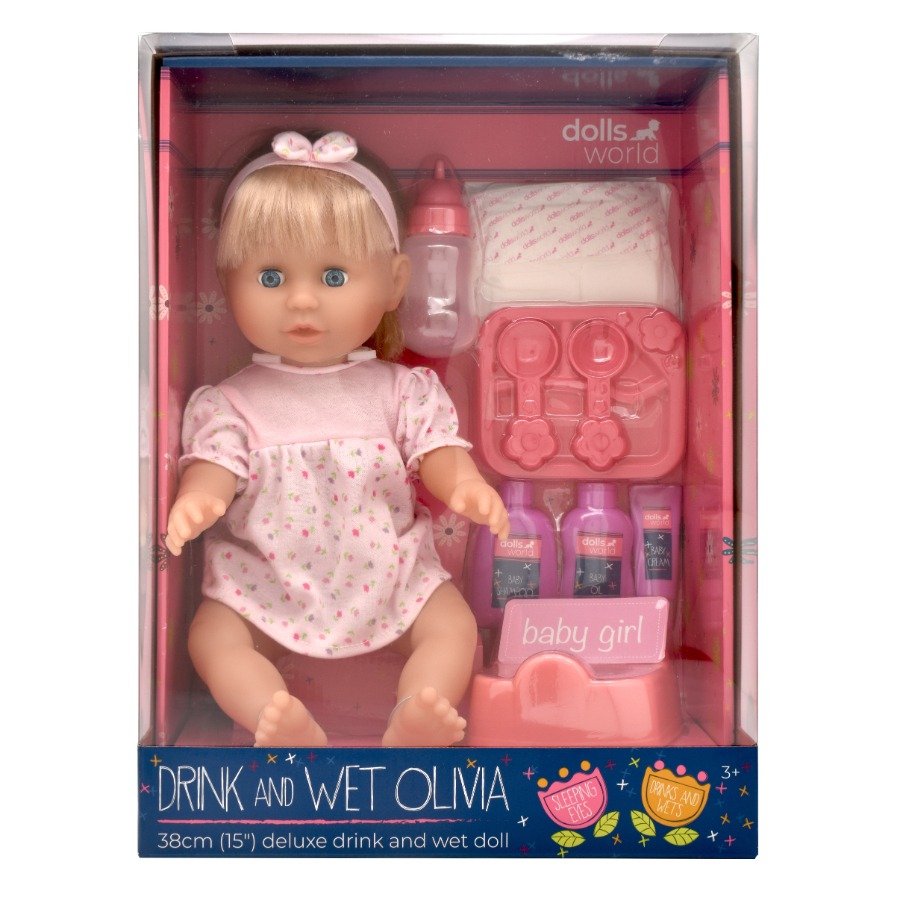 Dolls World Drink & Wet Baby Doll Olivia 38cm & Accessories