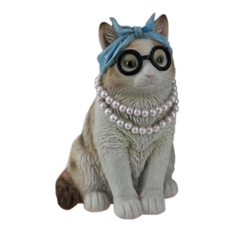 Cat Sitting With Glasses & Pearls 19cm Assorted