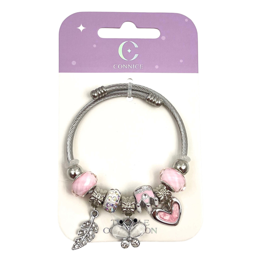 Kids Twisted Wire Bangle With Pink Crown Butterfly Heart Leaf Charms