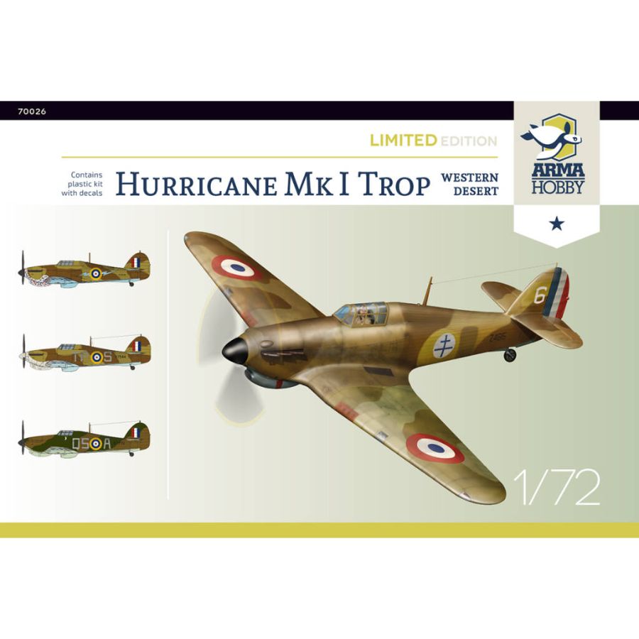 Arma Hobby Model Kit 1:72 Hurricane Mk I Trop Western Desert Limited Edition Aus Decals