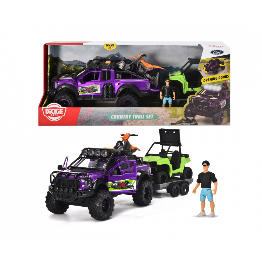 Dickie Toys Ford Raptor & Trailer With Lights & Sounds Including Motorbike, Pullback UTV & Figure
