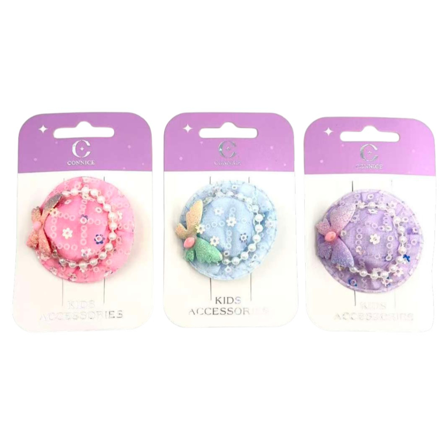Kids Hair Clips Mini Hat With Butterfly & Pearls Assorted