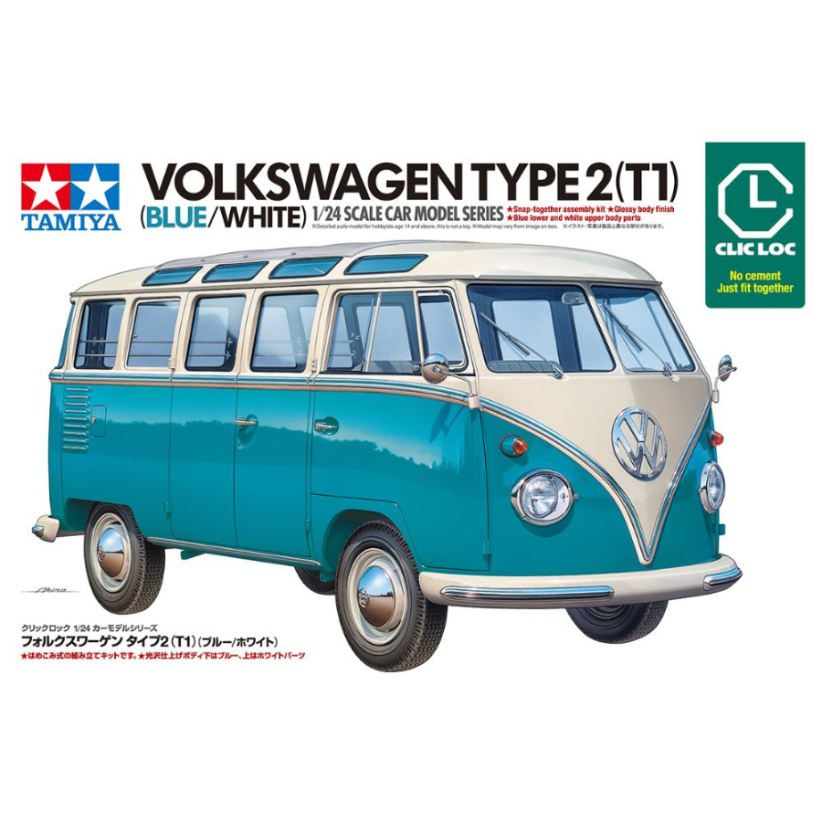 Tamiya Model Kit 1:24 Clic Loc Volkswagen Type 2 T1 Blue & White