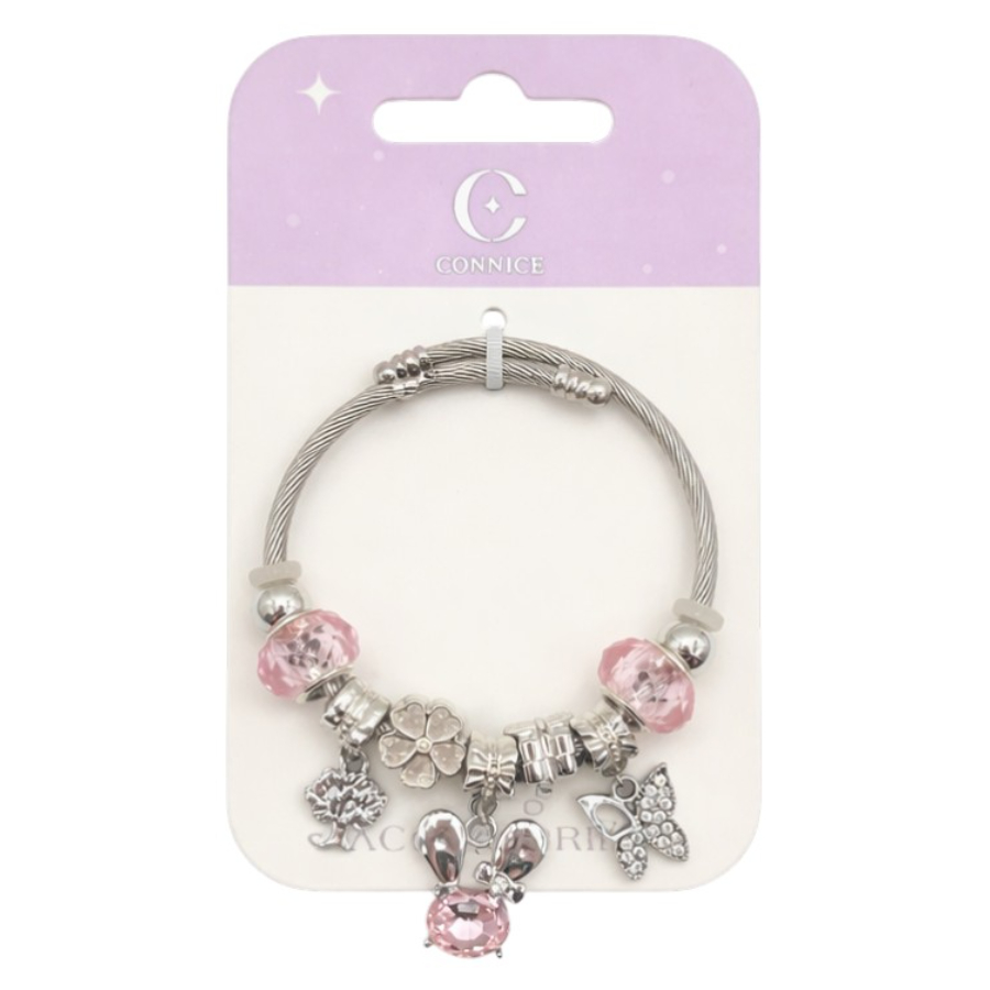 Kids Metal Bracelet With Pink Rabbit & Silver Tree Butterfly Charms