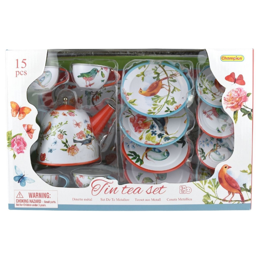 Tin Tea Set Birds & Butterfly Design With 15 Pieces