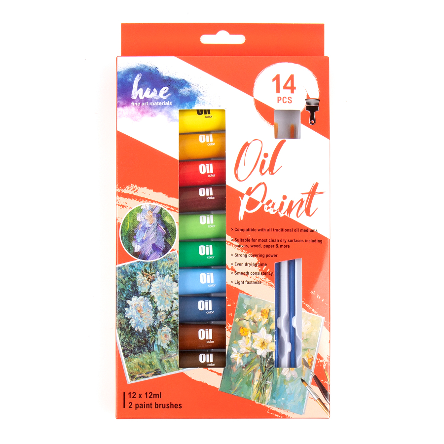Hue Fine Art Oil Paint In Tubes 12 Colours & 2 Bruches