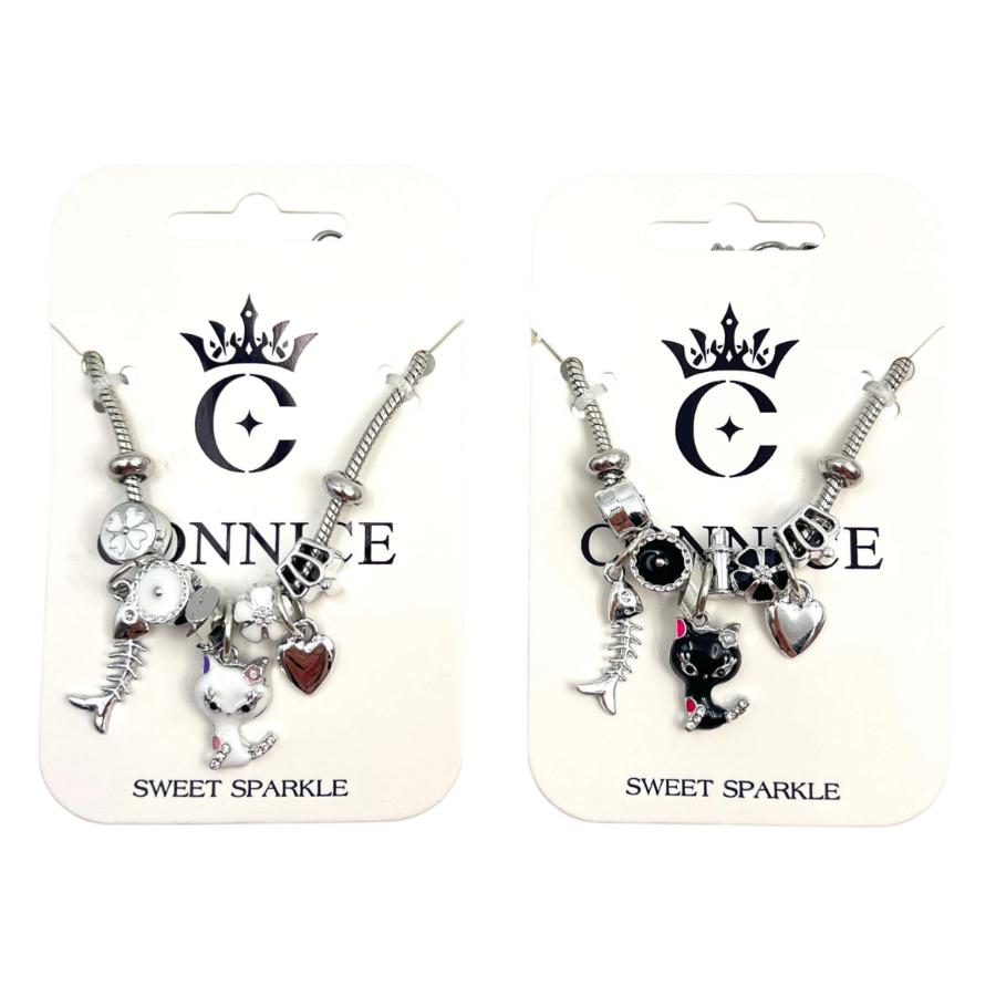 Snake Chain Bracelet With Black & White Cat Fishbone Snake Charms Assorted