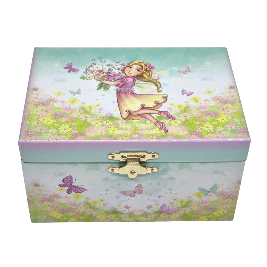 Music Jewelry Box Rectangle Fairy Floating With Bouquet