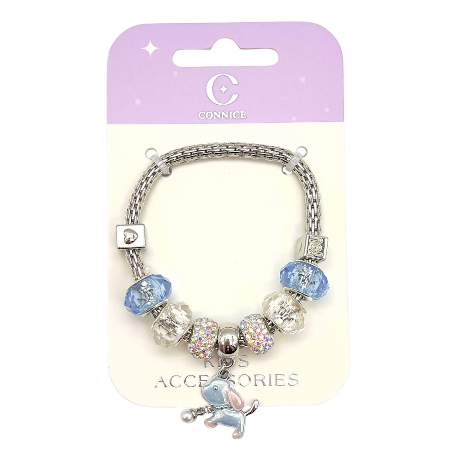Kids Metal Bracelet With Dog Charm & Blue Clear Rhinestone Charm