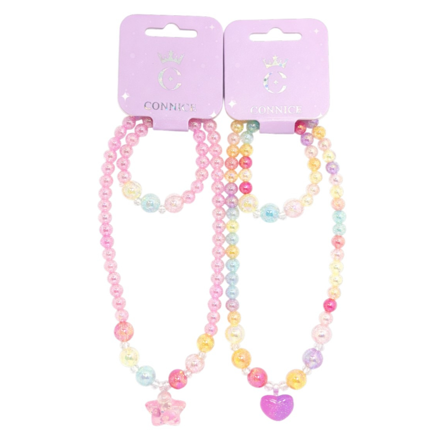 Kids Necklace & Bracelet Set Bursting Beads With Heart & Star Charm Assorted