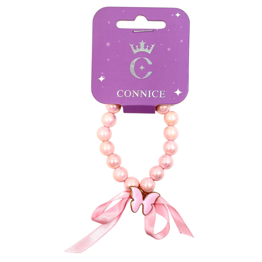 Kids Beads Bracelet Pink With Butterfly Charm