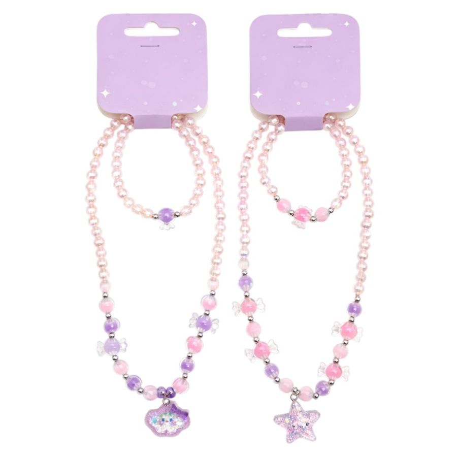 Kids Necklace & Bracelet Set Light Pink With Star & Cloud Charm Assorted