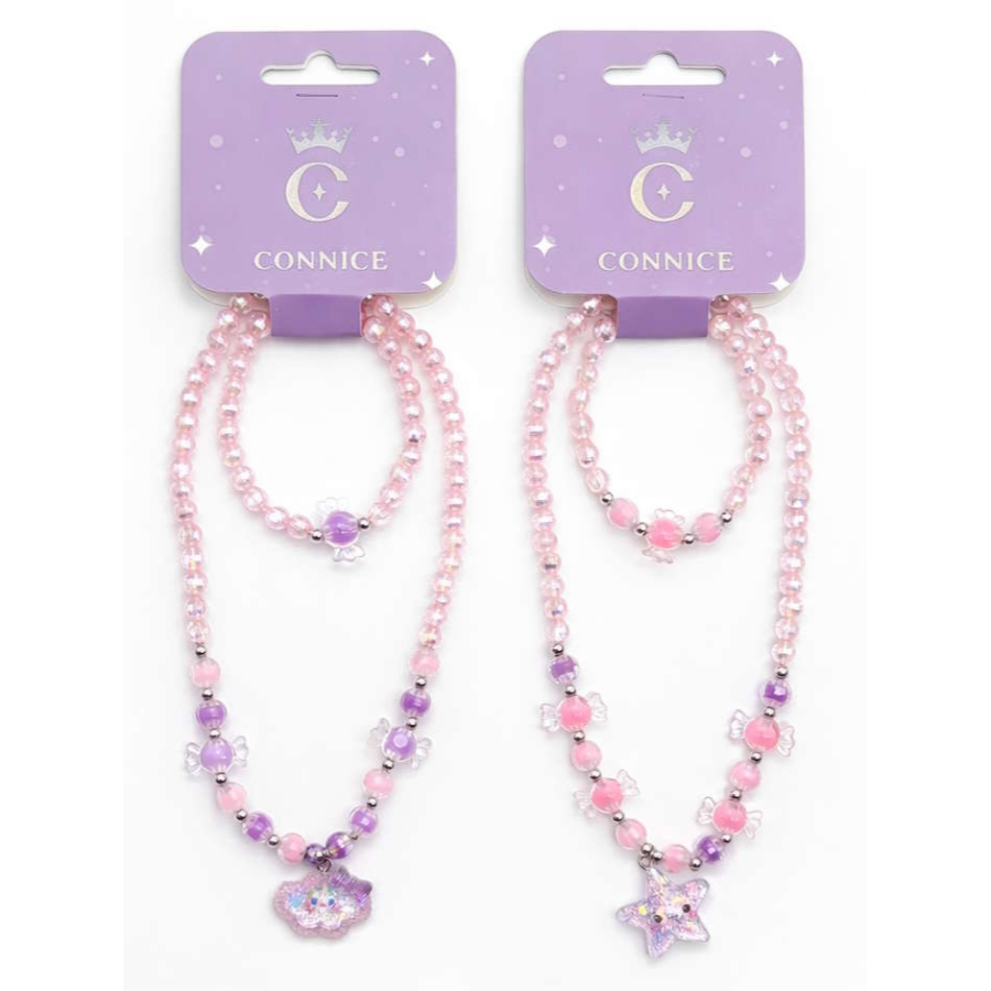 Kids Necklace & Bracelet Set Light Pink With Star & Cloud Charm Assorted