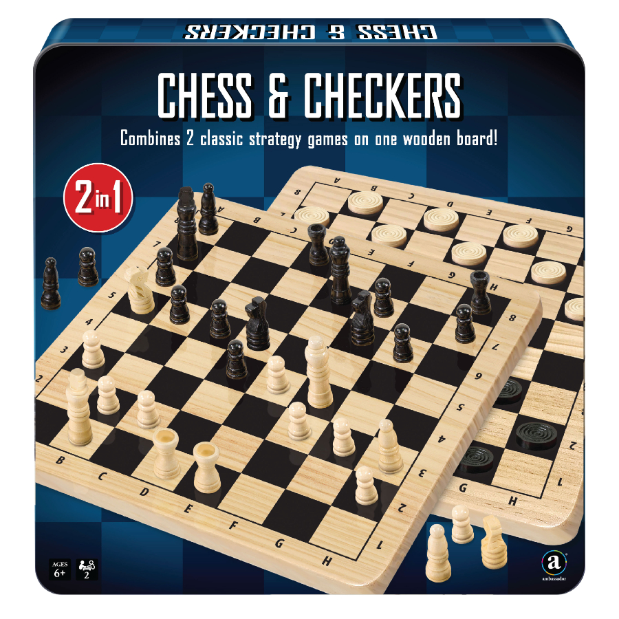 Wooden Chess & Checkers In Tin Case