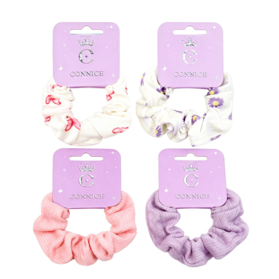 Kids Hair Scrunchies Knitted Texture Daisy & Butterfly Print Assorted