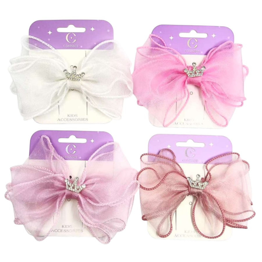 Kids Bow Organza Sheer With Silver Crown Charm Assorted