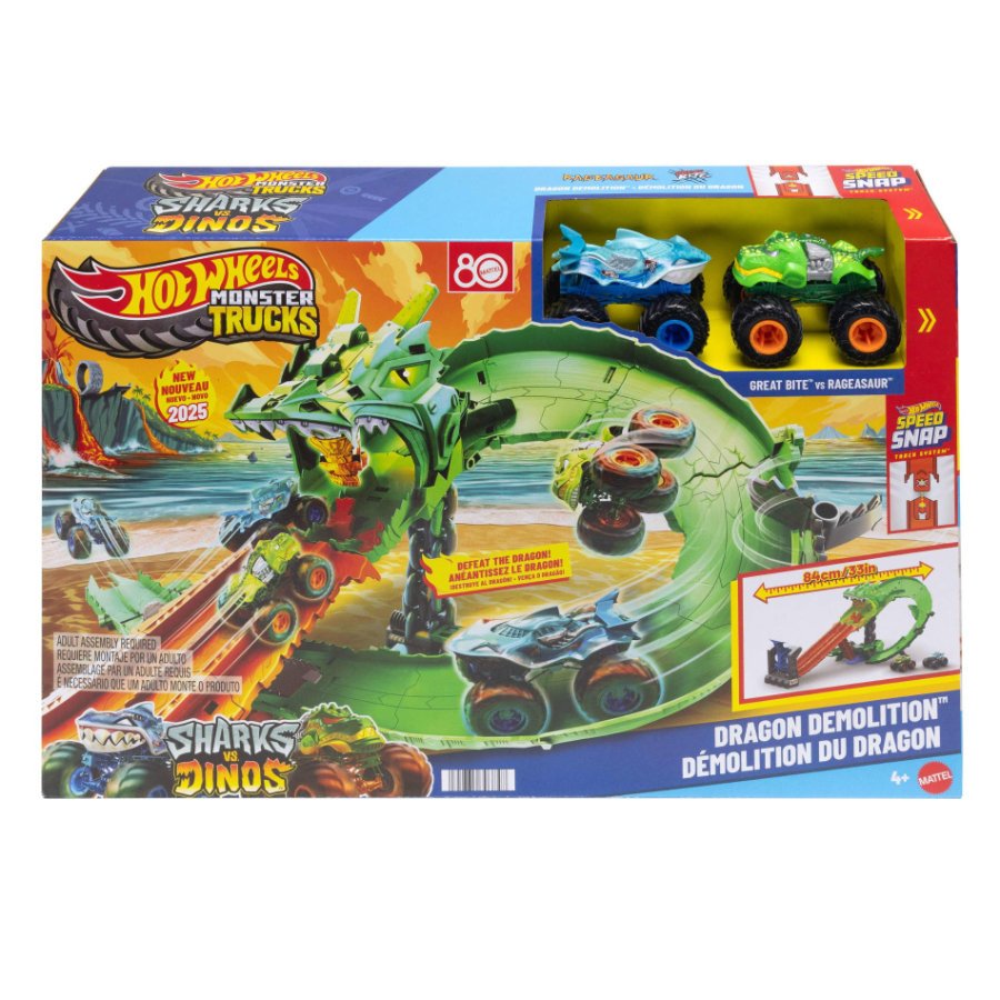 Hot Wheels Monster Trucks Sharks Versus Dinos Dragon Destruction Track Set