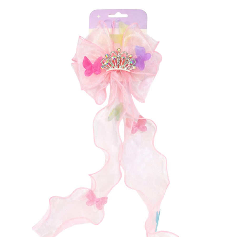 Kids Bow Clip Large Rhinestone Crown With Butterflies