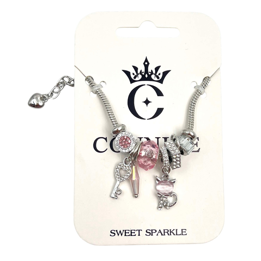 Snake Chain Bracelet With Pink Cat Key Crystal Charms