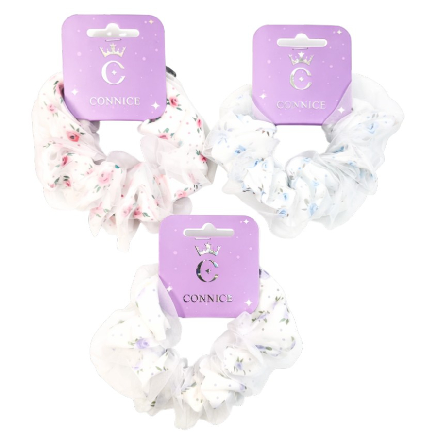 Kids Hair Scrunchies Sheer Organza With Floral Print Assorted