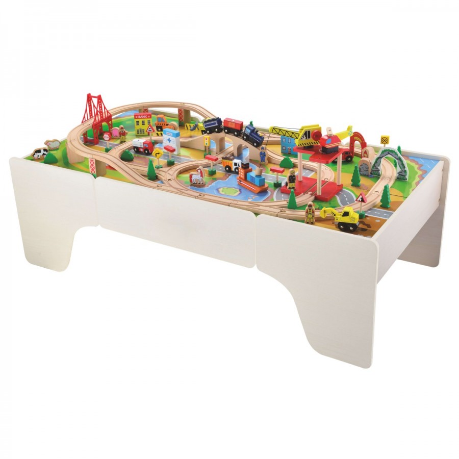 Wooden Train Table & 100 Piece Train City Set