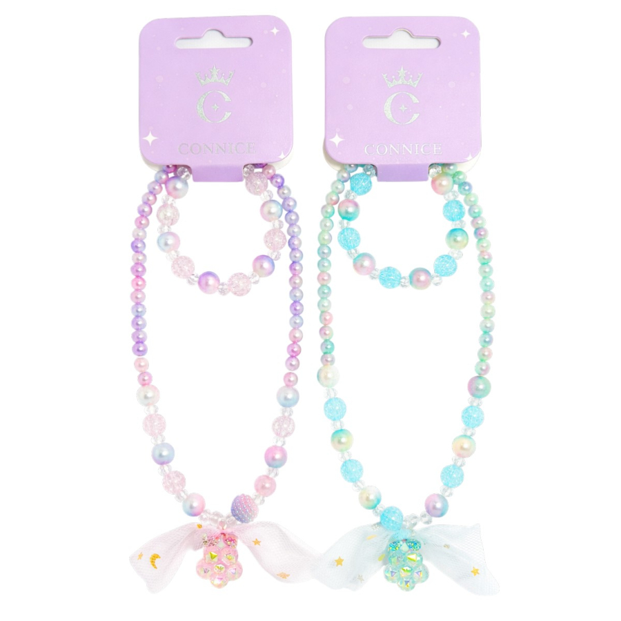 Kids Necklace & Bracelet Set Gradient Colour Beads With Flower Charm Assorted
