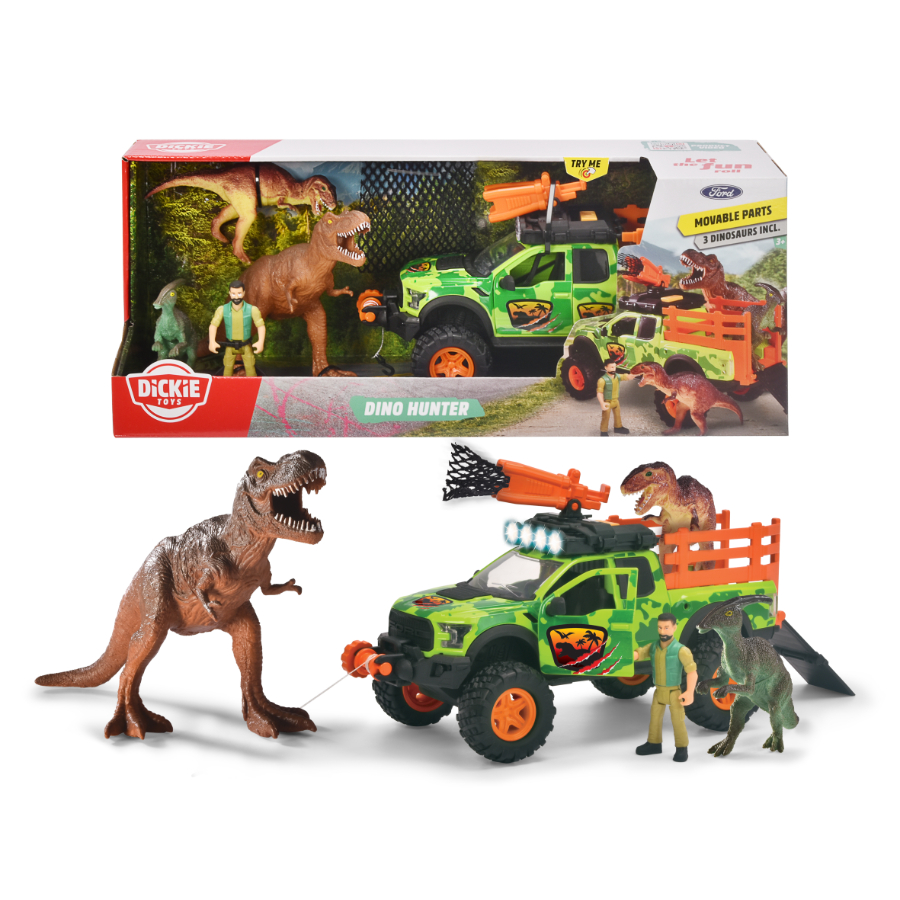 Dickie Toys Dino Hunter Set With Vehicle Figure Dinosaurs x 3 Lights & Sounds
