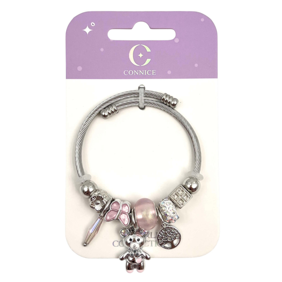 Kids Twisted Wire Bangle With Blue Bear Leaf Tree Charms