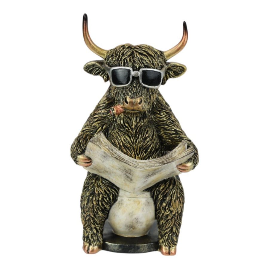 Highland Cow On Toilet Reading Newspaper 21cm